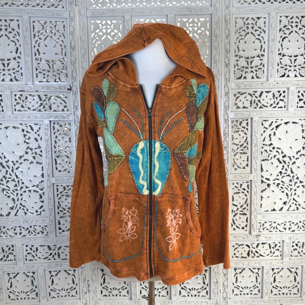 Rising International Artsy Orange Hoodie Womens S/M Art To Wear Hippy Indie